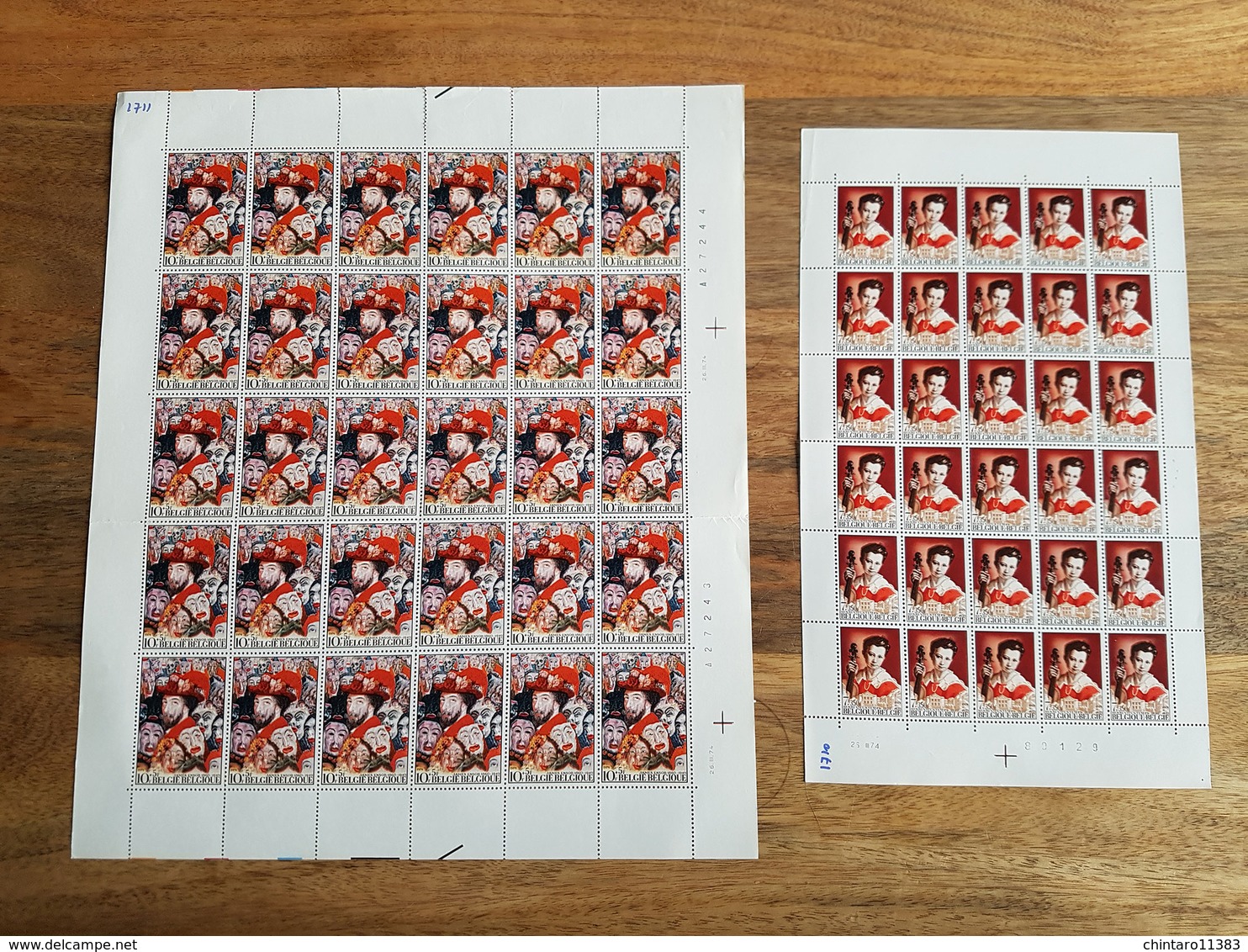 Lot feuilles complètes de timbres Belgique - Année 1974