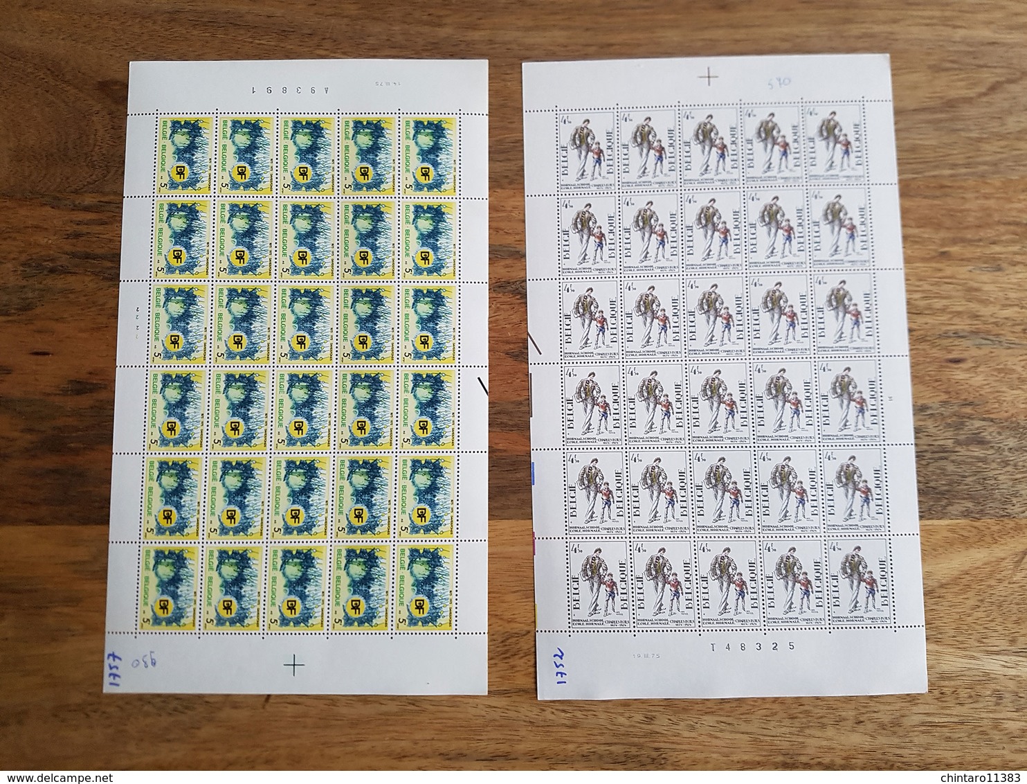 Lot feuilles complètes de timbres Belgique - Année 1975