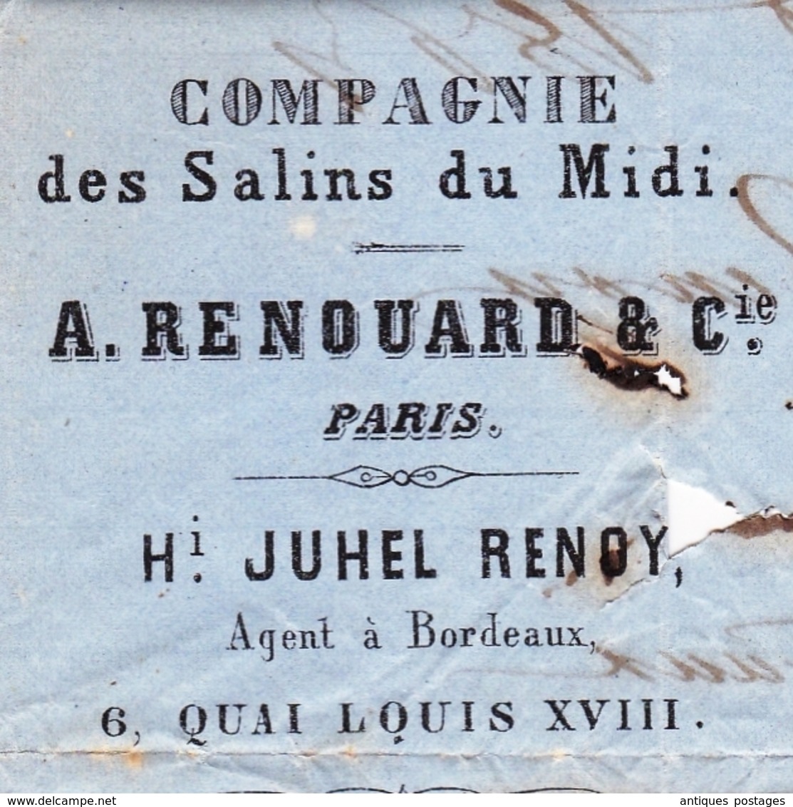 Lettre 1861 Compagnie Des Salins Du Midi Bordeaux Gironde Sel Salt Salz Sale A. Renouard & Cie Périgueux - 1849-1876: Période Classique