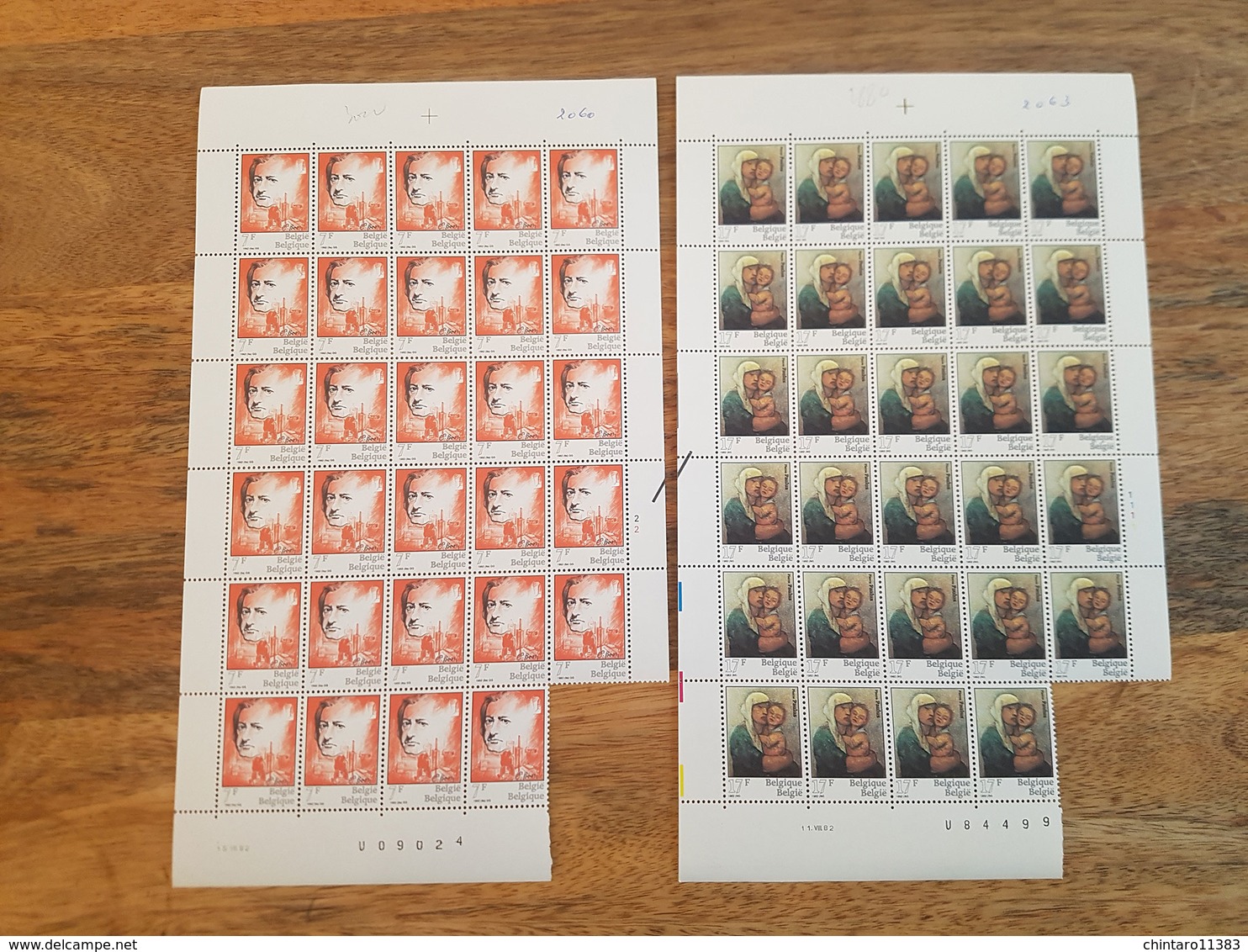 Lot feuilles incomplètes (manque 1) de timbres Belgique - Année 1982