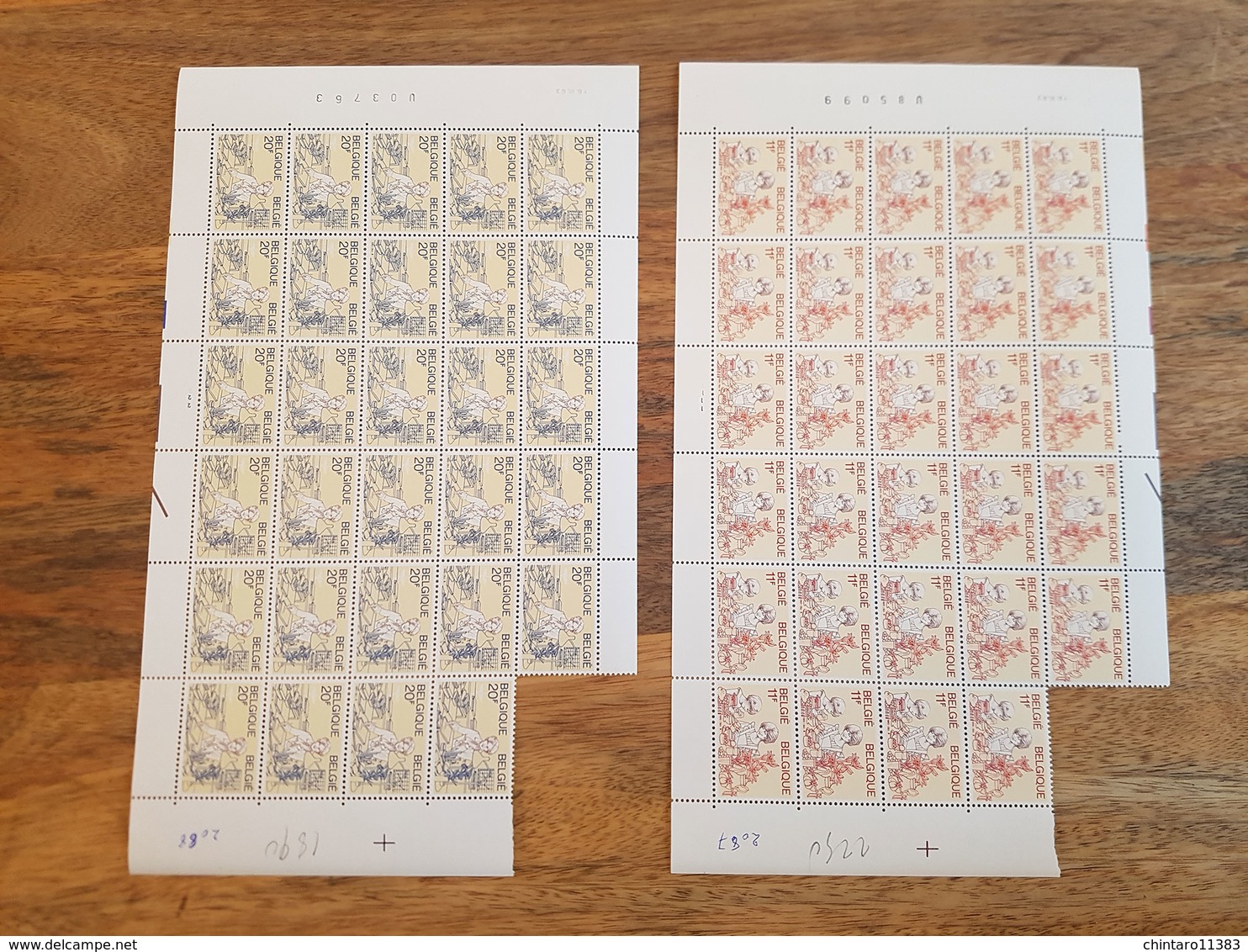 Lot feuilles incomplètes (manque 1) de timbres Belgique - Année 1983