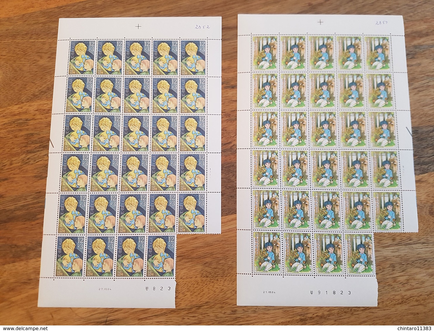 Lot feuilles incomplètes (manque 1) de timbres Belgique - Année 1984