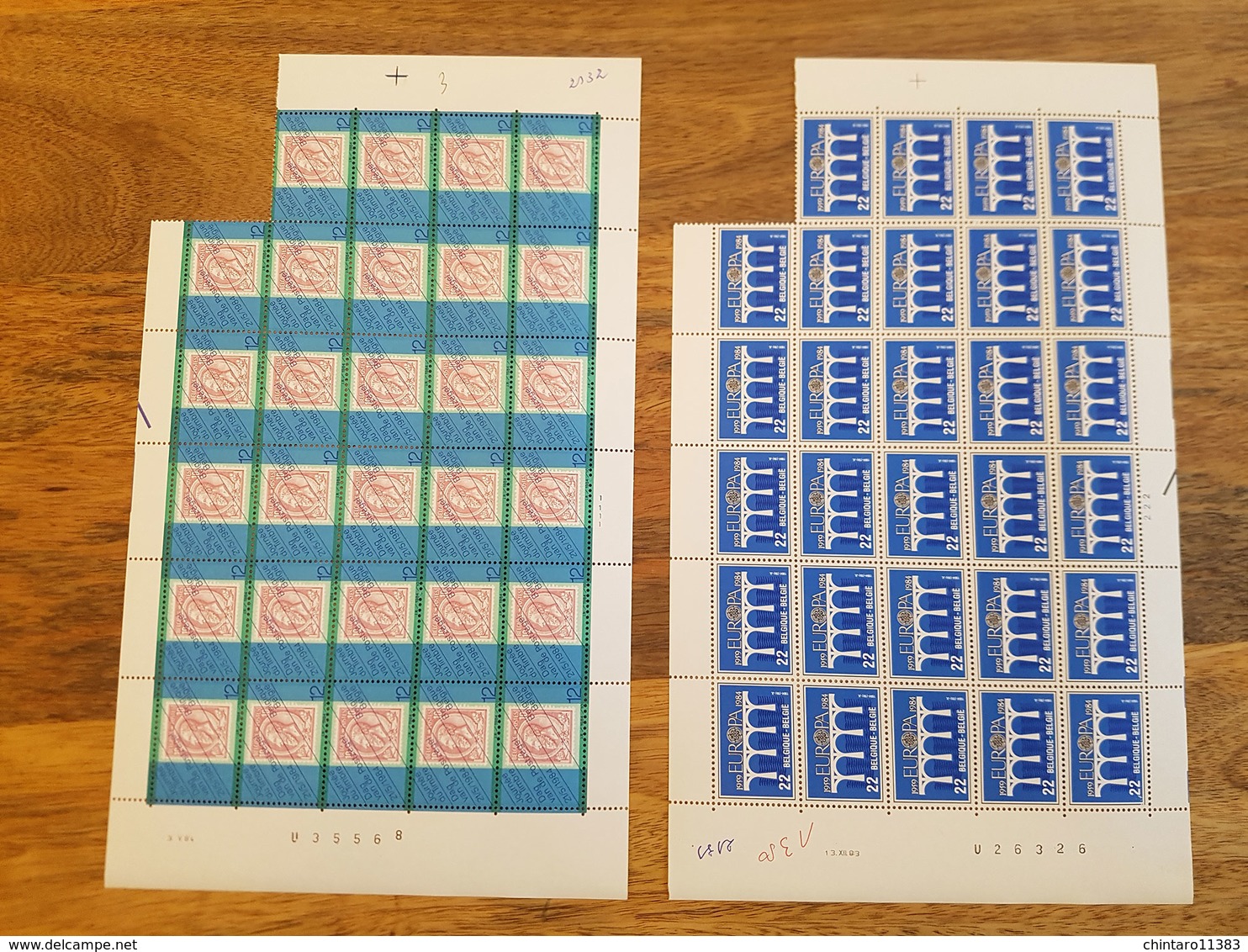 Lot feuilles incomplètes (manque 1) de timbres Belgique - Année 1984