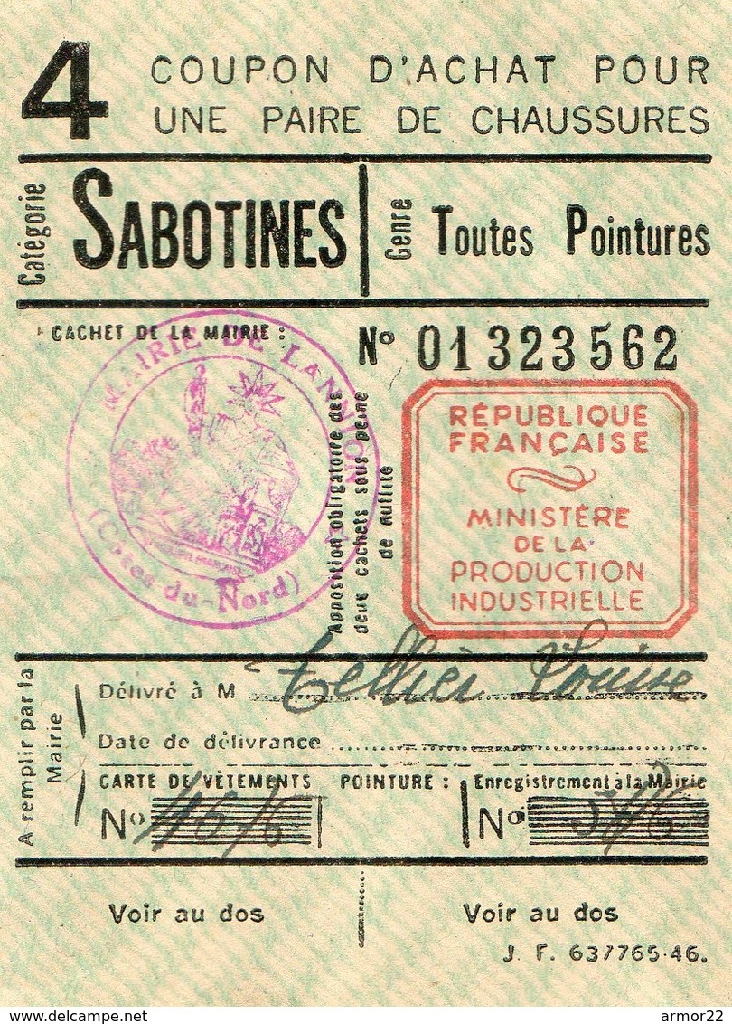 Guerre 39/45 Ticket De Rationnement Coupon D'Achat 4 Nominatif Pour Une Paire De Chaussures Sabotines Lannion 22 - Documents