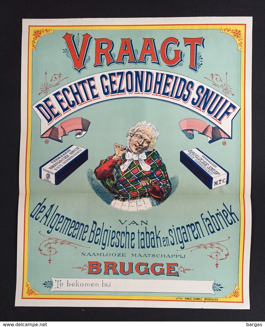 1893 RARE Affiche Tabac à Priser BRUGSCHE SNUIF Bruges Brugge Cigare Tabak Litho Donnez à Bruxelles - Affiches