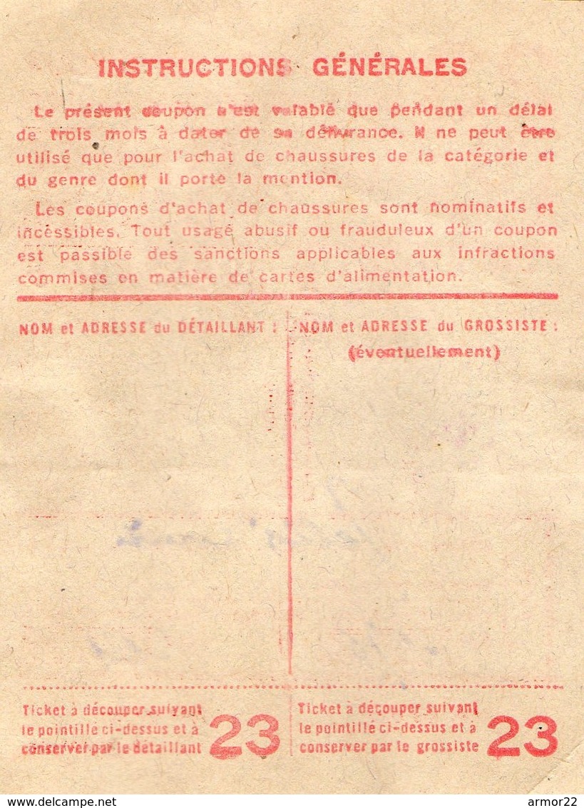 Guerre 39/45 Ticket De Rationnement Coupon D'Achat 23 Nominatif Pour Une Paire De Chaussures Femmes Lannion 22 - Documents
