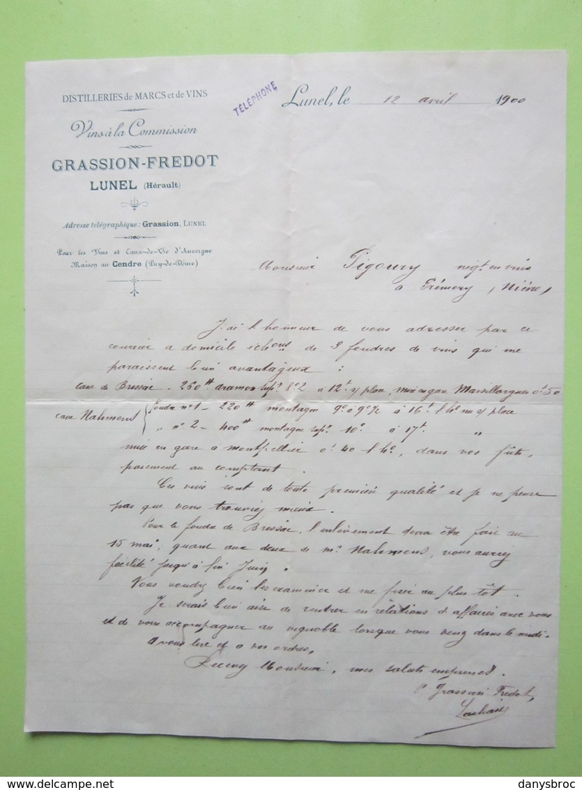 Courrier Facture Document - DISTILLERIE De MARCS Et De VINS - GRASSION-FREDOT à LUNEL (34) Le 12/04/1900>>Prémery (58) - Alimentaire