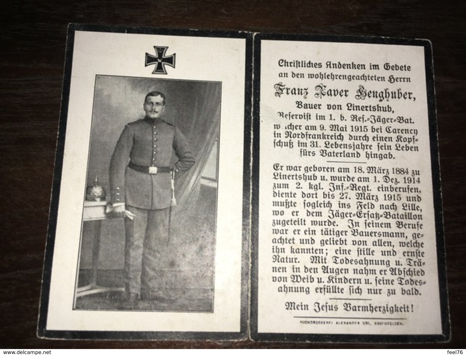 Sterbebild Wk1 Ww1 Bidprentje Avis Décès Deathcard 1. Reserve Jäger Bataillon CARENCY 9. Mai 1915 Aus Linertshub - 1914-18