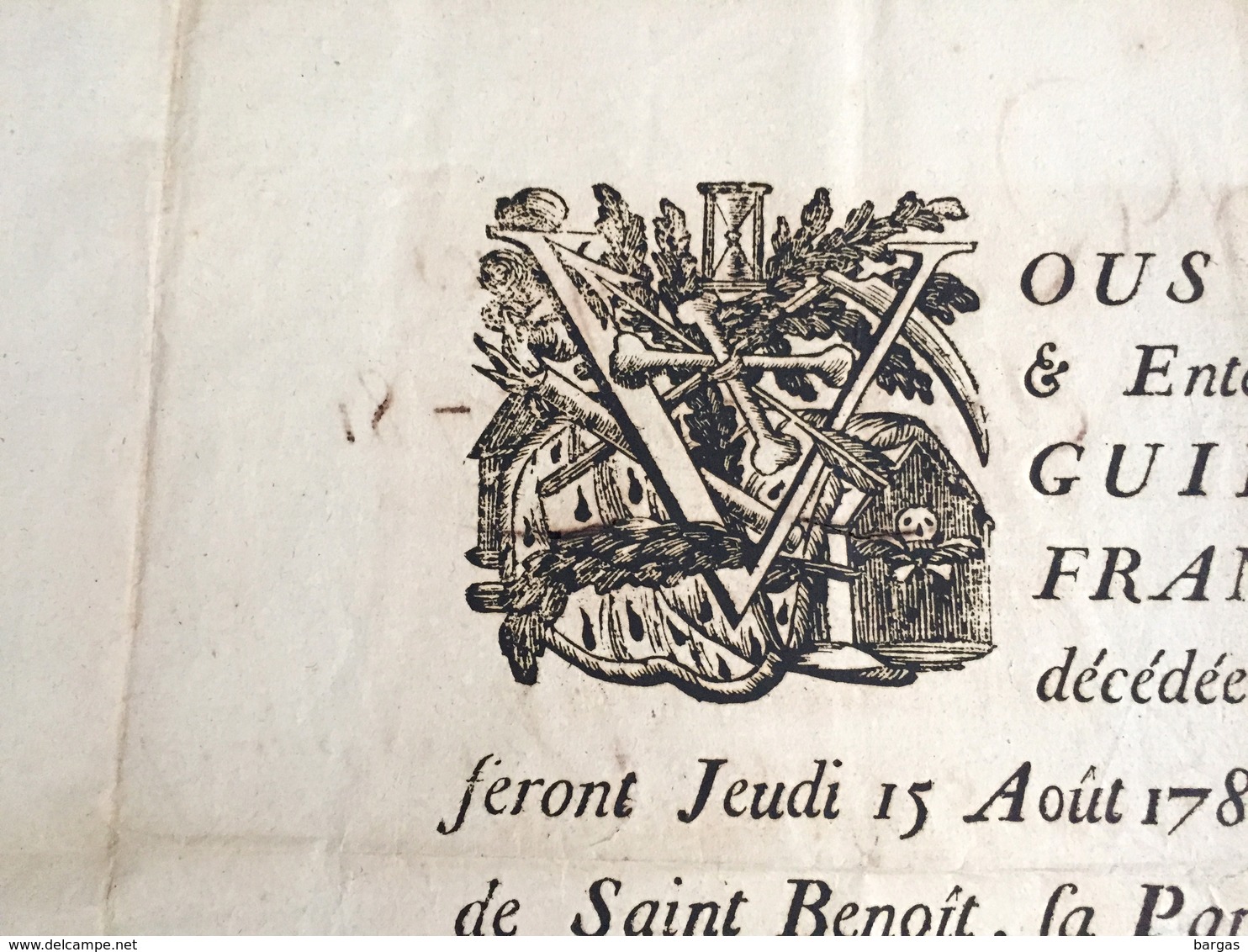 1782 Affiche Grand Placard De Décès Pour Guillomet épouse Honnet Avocat Au Parlement Cloitre Saint Benoit Giroust - Overlijden