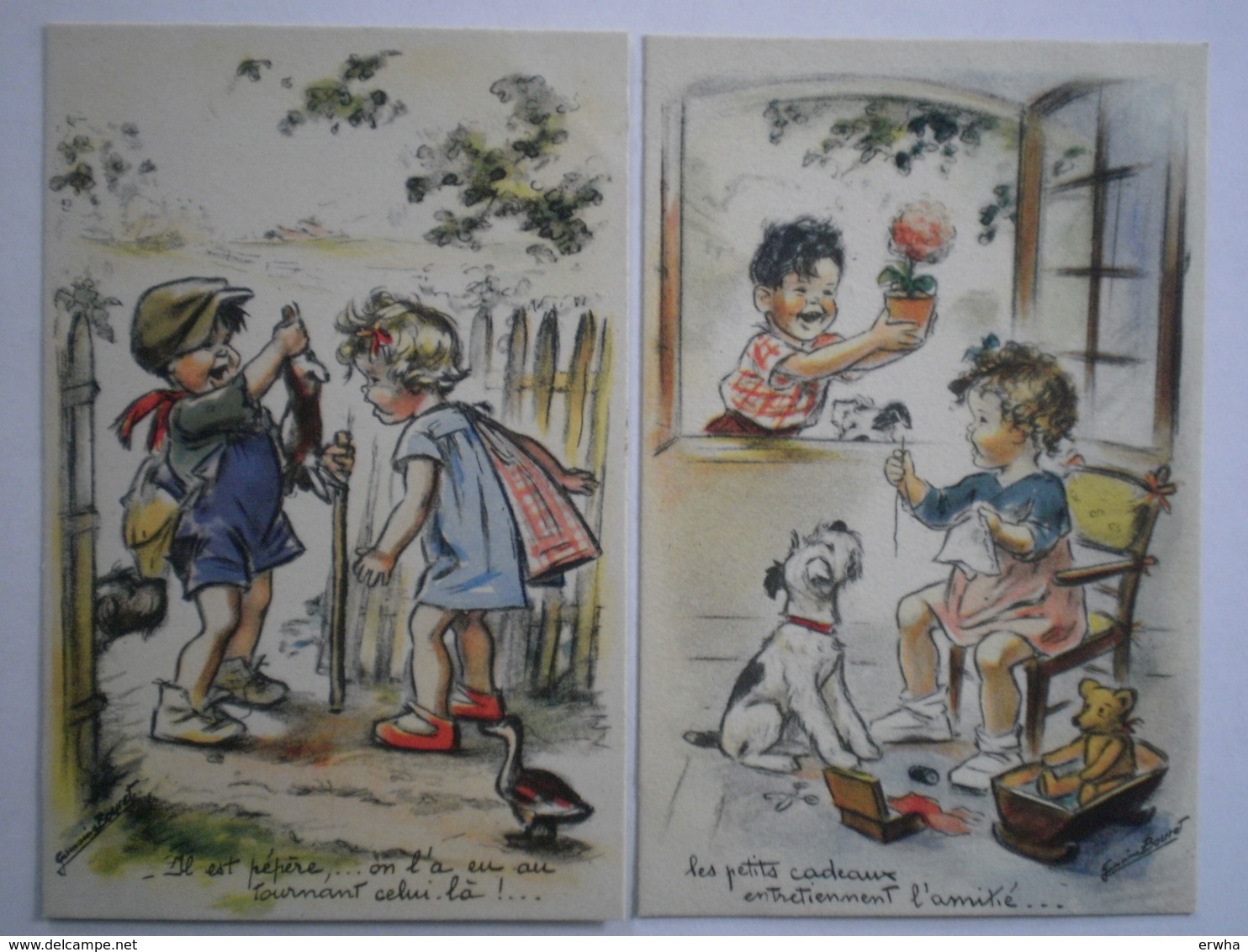 2 CARTES Germaine BOURET Humoristique IL EST PéPèRE + CADEAUX ...  Humour Dessin BD Couleurs PARFAIT ETAT Enfants Chien - Bouret, Germaine