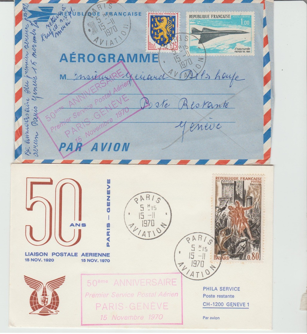 1970 - 50° Anniversaire PARIS / GENEVE / 2 LSC De Paris Aviation TB - 1960-.... Lettres & Documents