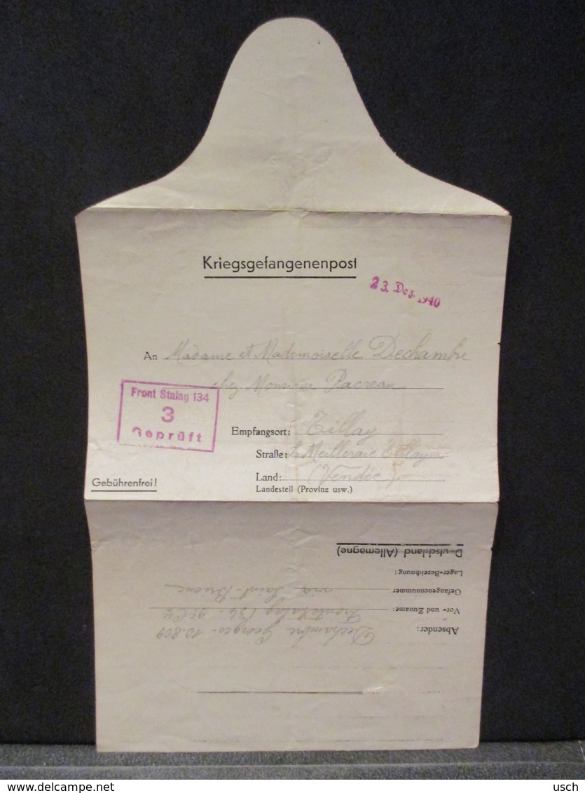 Lettre De Soldat - KRIEGSGEFANGENENSENDUNG - FRONT STALAG 134 - 3 - TILLAY - VENDÉE - POW - Guerre De 1939-45