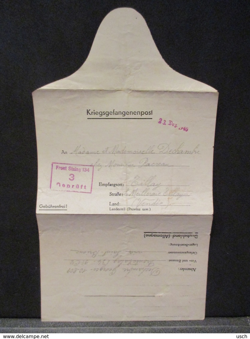 Lettre De Soldat - KRIEGSGEFANGENENSENDUNG - FRONT STALAG 134 - 3 - TILLAY - VENDÉE - POW - Oorlog 1939-45