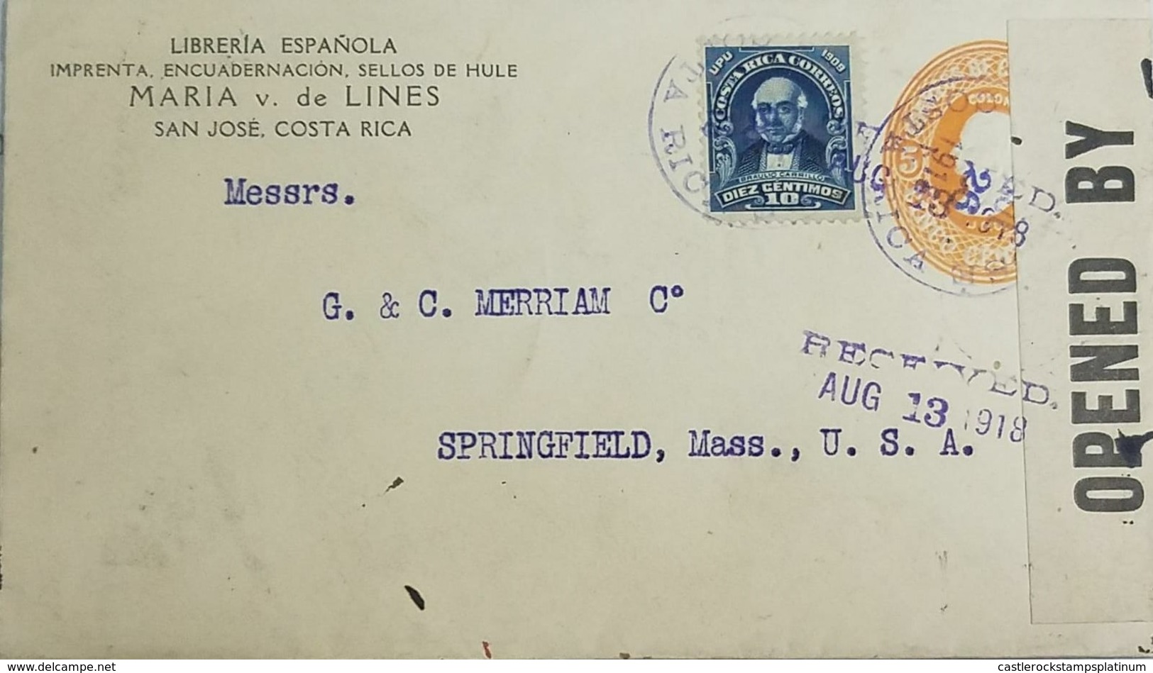 O) 1918 COSTA RICA, BRAULIO CARRILLO SCT 73 10c Blue, SAN JOSE CANCELLATION ON UPRATED, CENSORSHIP-OPENED BY,POSTAL STAT - Costa Rica