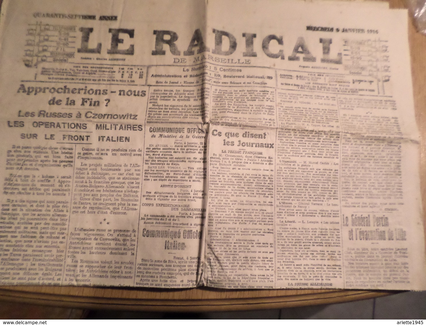 JOURNAL LE RADICAL DE MARSEILLE MERCREDI 5 JANVIER 1916 - 1914-18