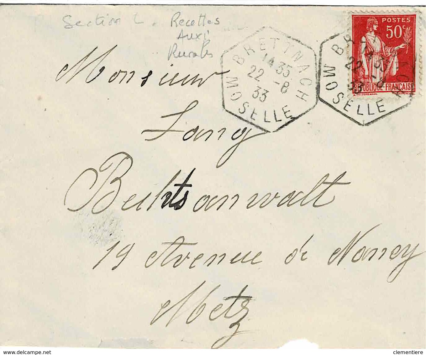 Cachet Hexagonal En Trait Plein De Brettnach Sur Enveloppe  Pour Metz - 1921-1960: Période Moderne