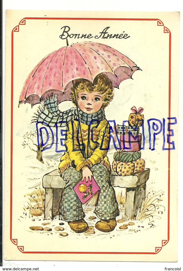 Bonne Année. PEtite Fille Sur Un Banc Dans La Neige. Parapluie, Livre, Cadeaux, ... - Nouvel An