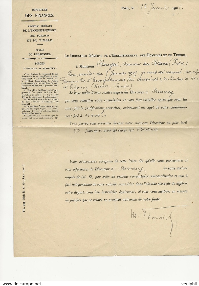 MINISTERE DES FINANCES 1909 - NOMINATION PAR ARRETE POSTE DE RECEVEUR  DE L'ENREGISTREMENT DE THONON -HTE SAVOIE - Decrees & Laws