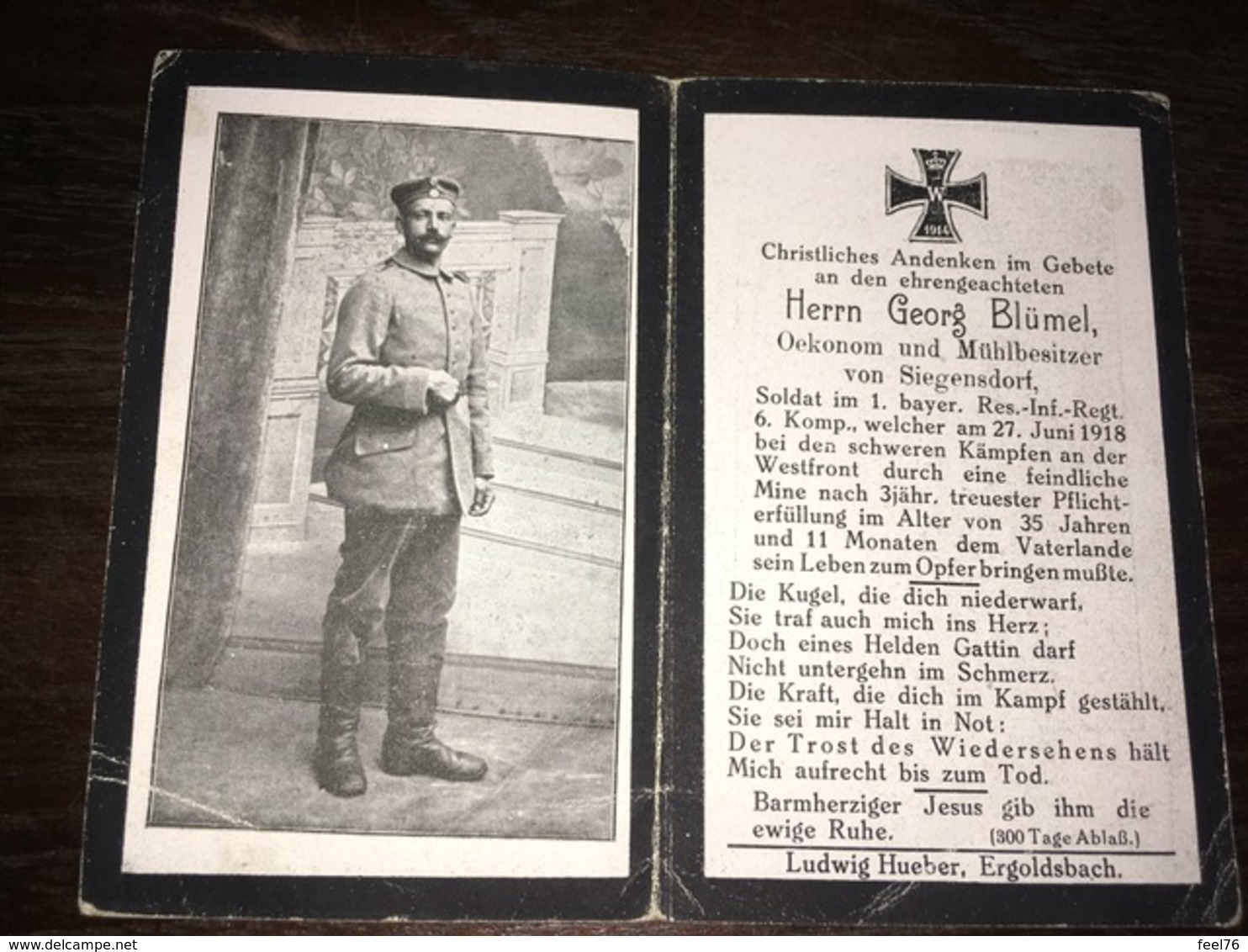 Sterbebild Wk1 Ww1 Bidprentje Avis Décès Deathcard RIR1 CARVIN Block 3 Grab 1448 Aus Siegensdorf - 1914-18