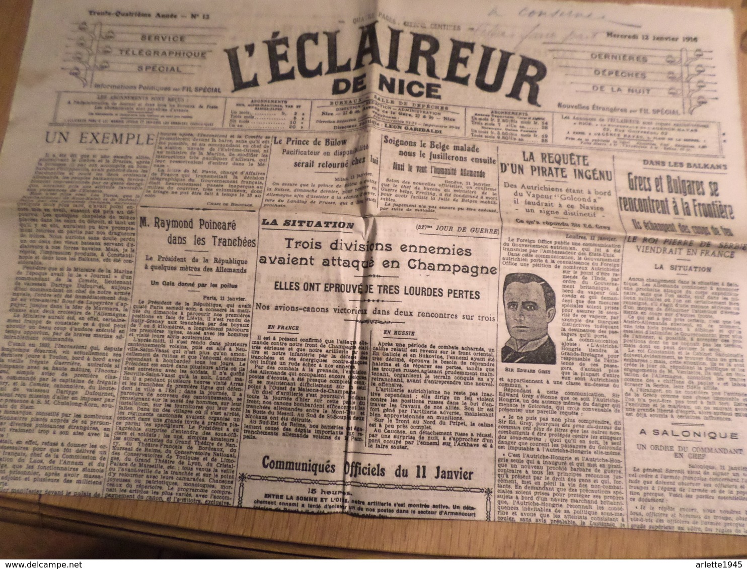 JOURNAL L'ECLAIREUR  DE NICE MERCREDI 12 JANVIER 1916 - 1914-18