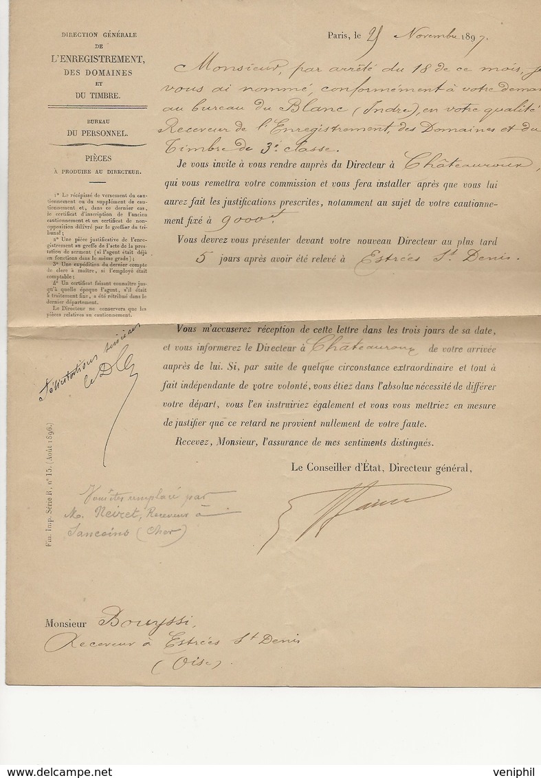 DIRECTION GENERALE DE L'ENREGISTREMENT DES DOMAINES ET DU TIMBRE -NOMINATION DU POSTE DE RECEVEUR A CHATEAUROUX 1897 - Décrets & Lois