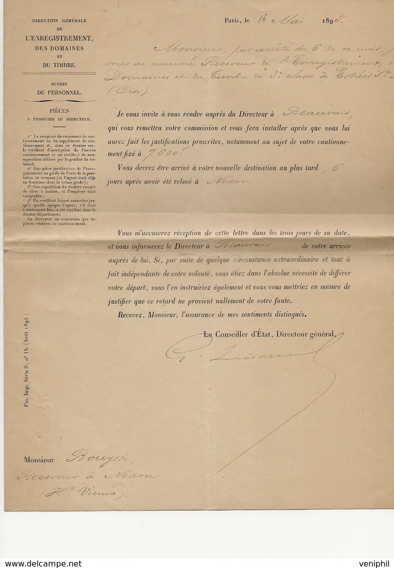 DIRECTION GENERALE DE L'ENREGISTREMENT DES DOMAINES ET DU TIMBRE -NOMINATION DU POSTE RECEVEUR A ESTREES ST DENIS -1895 - Decreti & Leggi