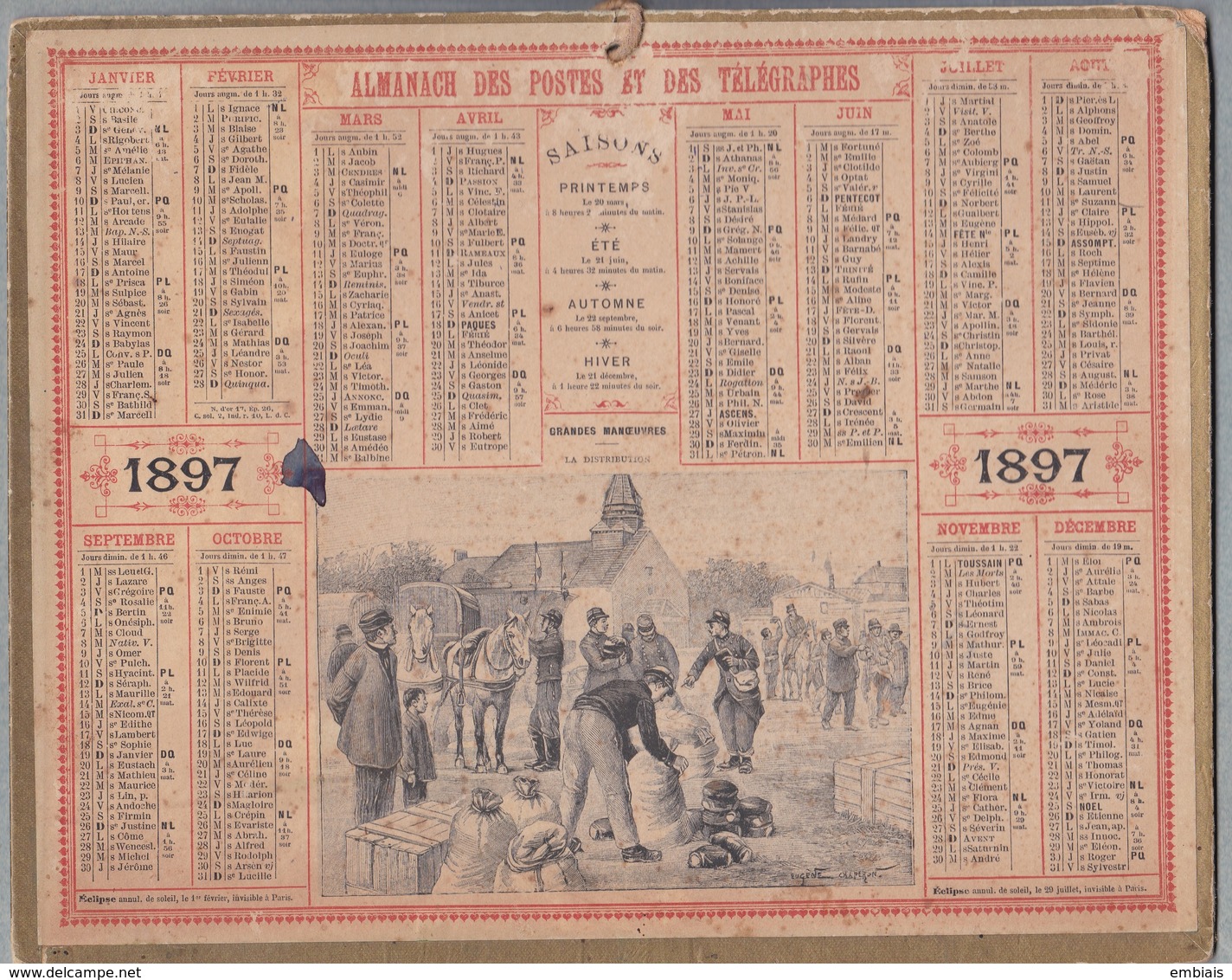 Calendrier 1897 - ALMANACH DES POSTES ET TÉLÉGRAPHES - OBERTHUR " La Distribution " Par Eugène CHAPERON - Grand Format : ...-1900