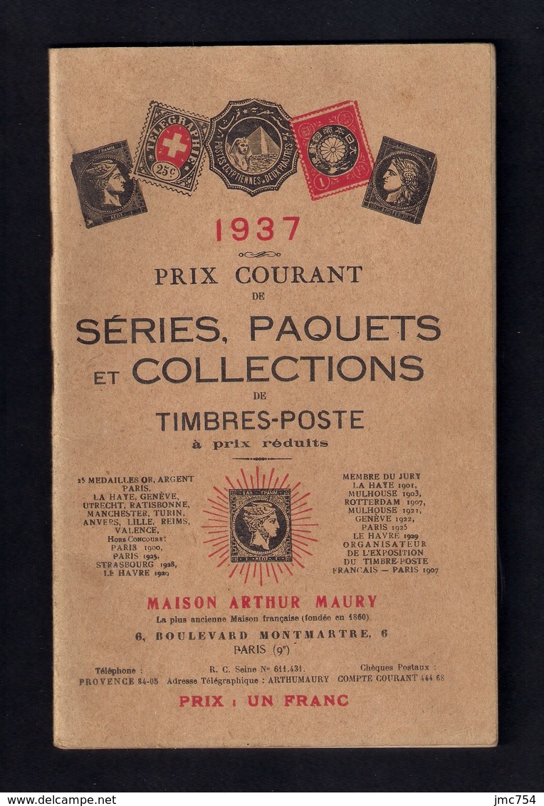 Catalogue De Timbres-poste 1937.  Maison Arthur Maury à Paris - Catalogues De Maisons De Vente