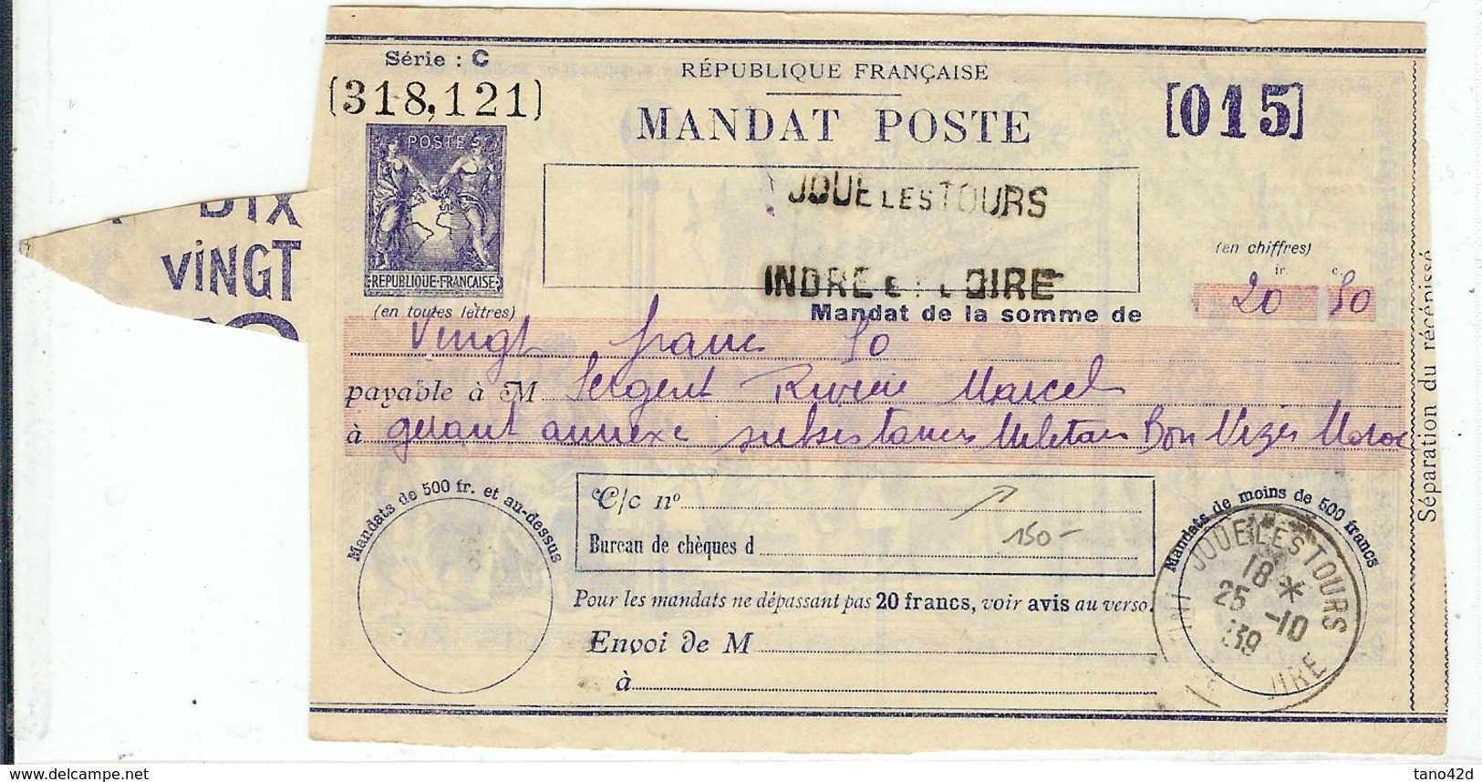 CTD24 - MANDAT POSTE TYPE SAGE SANS VALEUR MOD. 1937 - STORCH R13 - A DESTINATION DU MAROC - Other & Unclassified