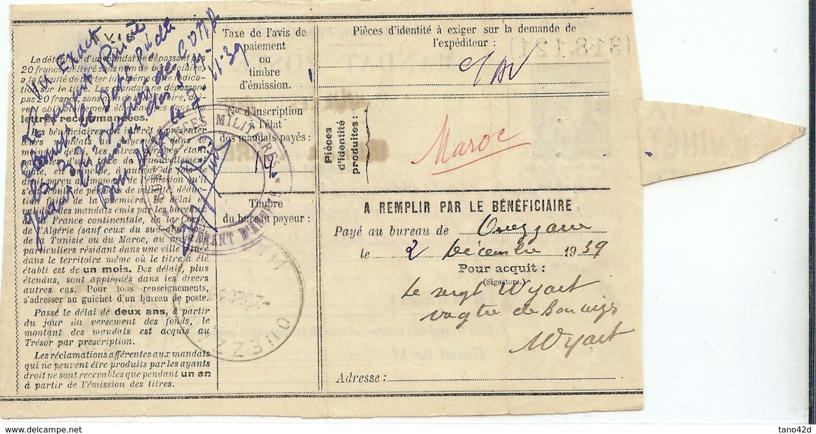 CTD24 - MANDAT POSTE TYPE SAGE SANS VALEUR MOD. 1937 - STORCH R13 - A DESTINATION DU MAROC - Other & Unclassified