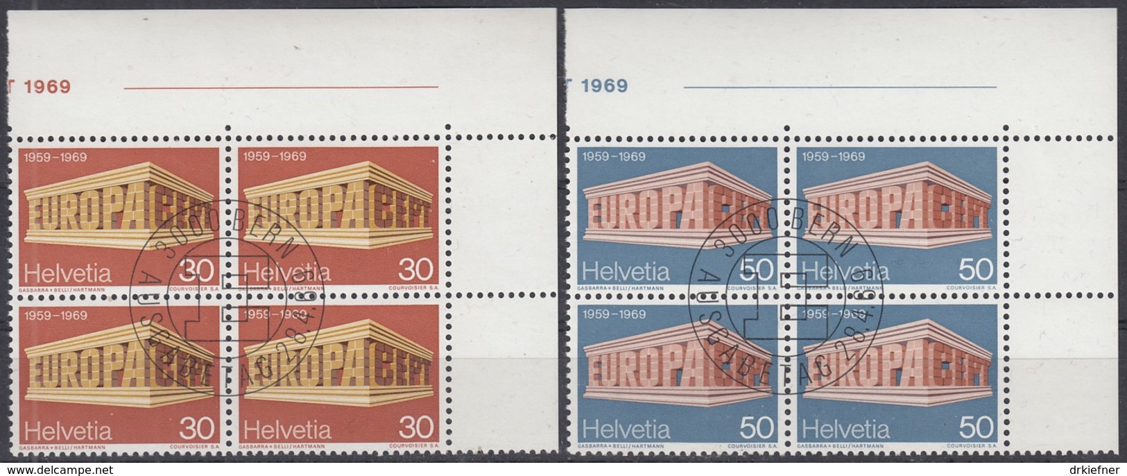 SCHWEIZ 900-901, 4erBlock, Eckrand Ul, Gestempelt, Europa CEPT: Tempel, 1969 - 1969