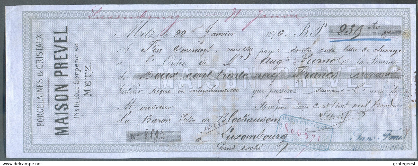 Mandat établi à METZ Le 22 Janvier 1876 (Maison PREVEL Porcelaines Et Cristaux) à L'ordre De Purnol La Somme De 239 Frs - Revenue Stamps
