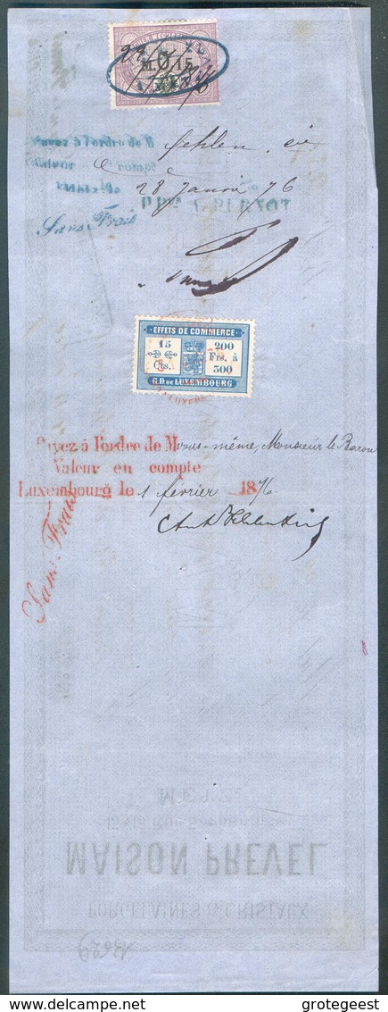 Mandat établi à METZ Le 22 Janvier 1876 (Maison PREVEL Porcelaines Et Cristaux) à L'ordre De Purnol La Somme De 239 Frs - Fiscale Zegels
