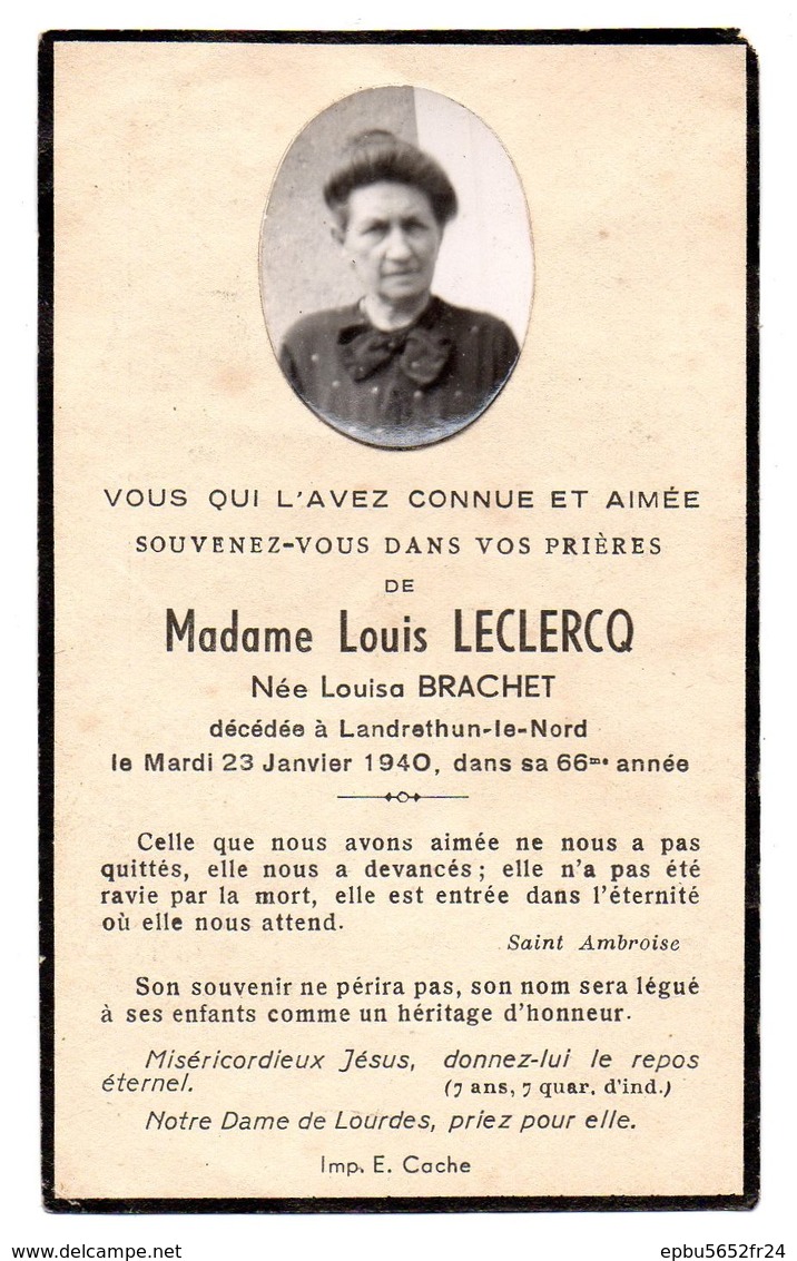 Faire Part De Décés De Mme Louis Leclercq Née L  Brachet  Décédée à Landrethun-le-Nord Le 23/01/1940 Dans Sa 66eme Année - Décès