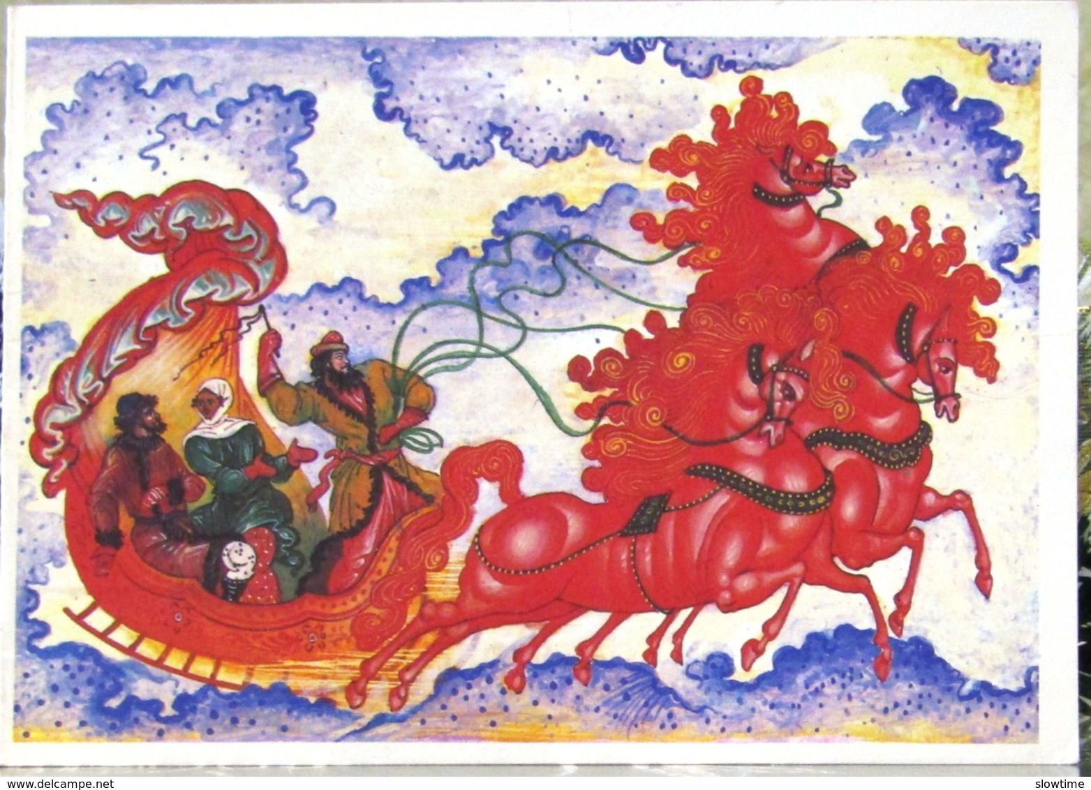 Three Fiery Horses, Sleigh, Two Russian Men And A Woman Palekh Christmas New Year USSR Postcard - Santa Claus