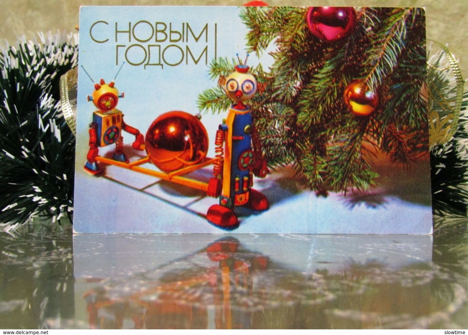 Two Robots Are Carrying A Xmas Toy Tree Vintage Christmas New Year USSR Postcard - New Year