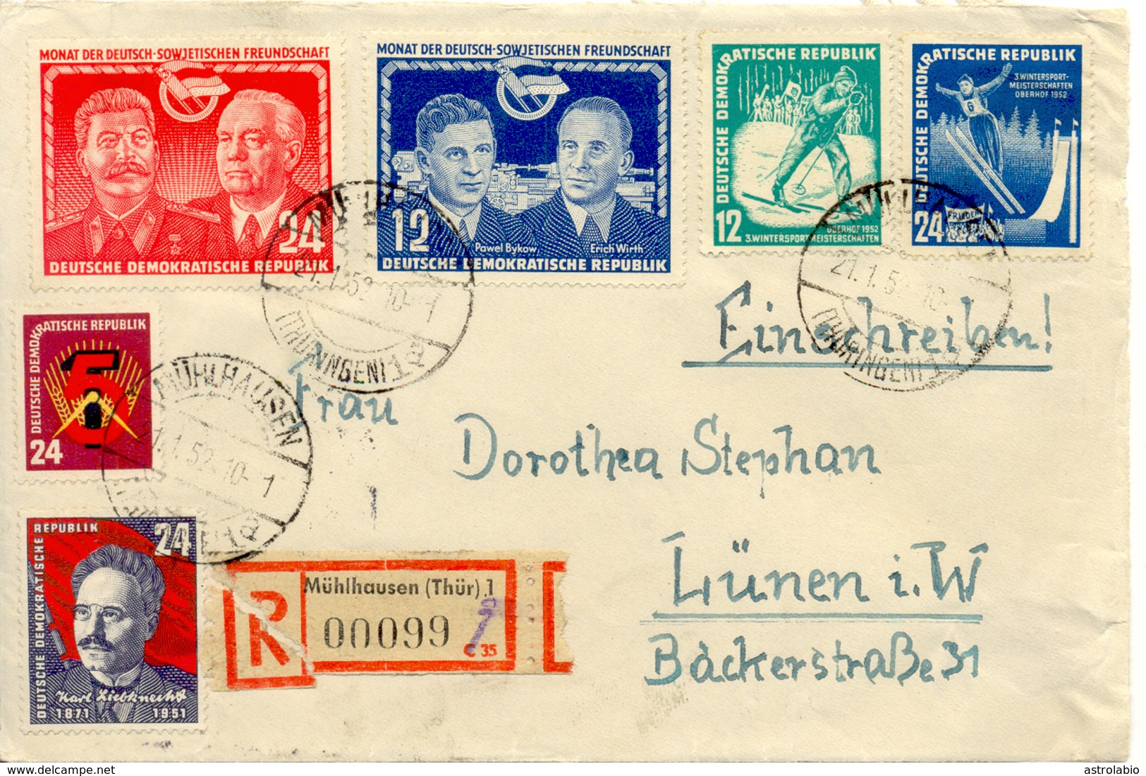 Mühlhausen Vers Lünen Sur Devant Du Lettre Recommande 1952 - Lettres & Documents