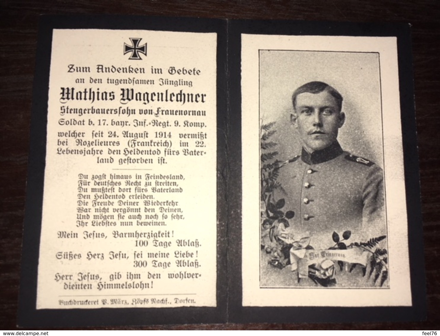 Sterbebild Wk1 Ww1 Bidprentje Avis Décès Deathcard IR17 24. August 1914 ROZELIEURES Aus Frauenornau - 1914-18