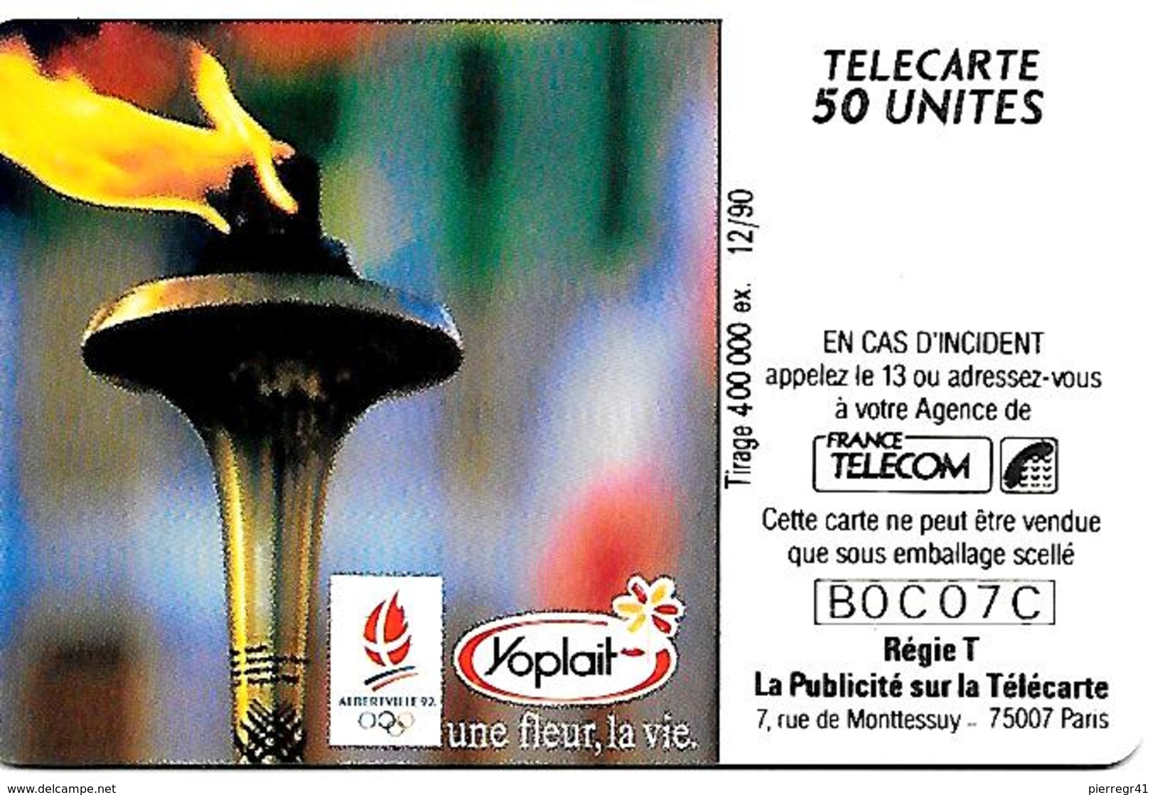 CARTE-µ-PUBLIC-50U-GEMA-12/1990-F 129-YOPLAIT-FLAMME OLYMPIQUE-Utilisé-TBE - 1990