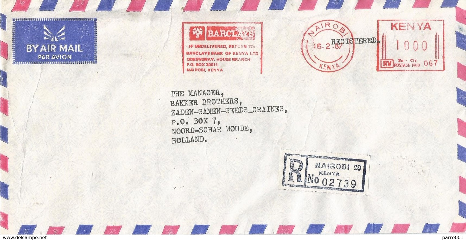 Kenya 1987 Nairobi Meter Neopost “405/505” RV 067 Barclays Bank Slogan Registered Cover - Kenia (1963-...)