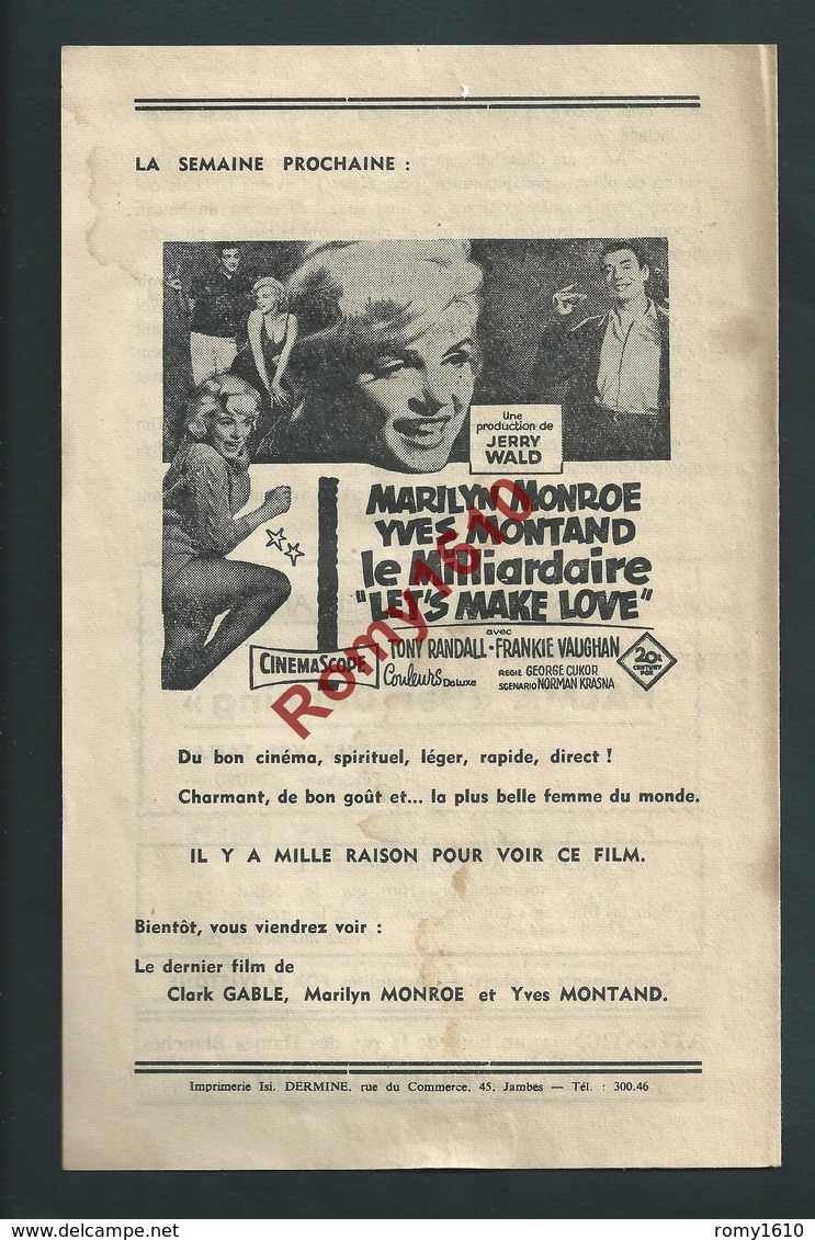 NAMUR. Eden Cinéma.Le Milliardaire Marilyn/ Montand.  L'odyssée Du Soumarin Clark Gable/Burt Lancaster. 3 Scans - Programmes