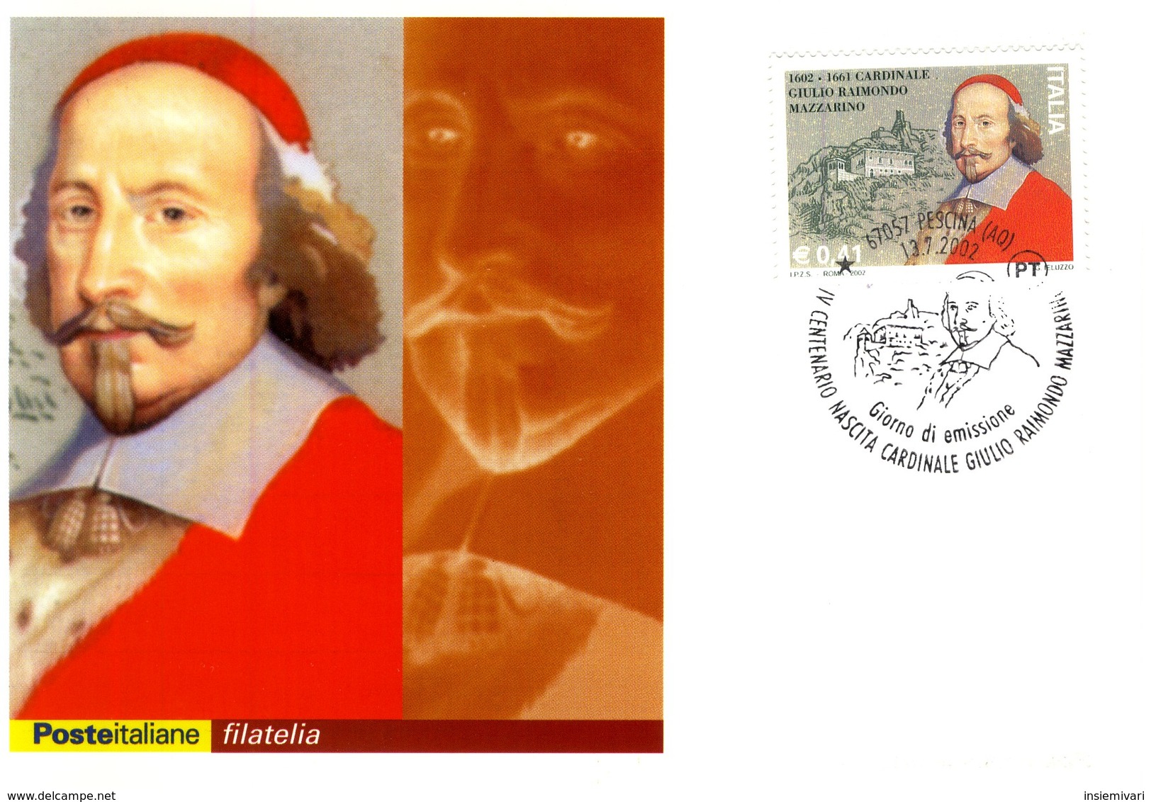 2002 ITALIA CARTOLINA POSTALE FDC CARDINALE MAZZARINO ANNULLO PESCINA - FDC