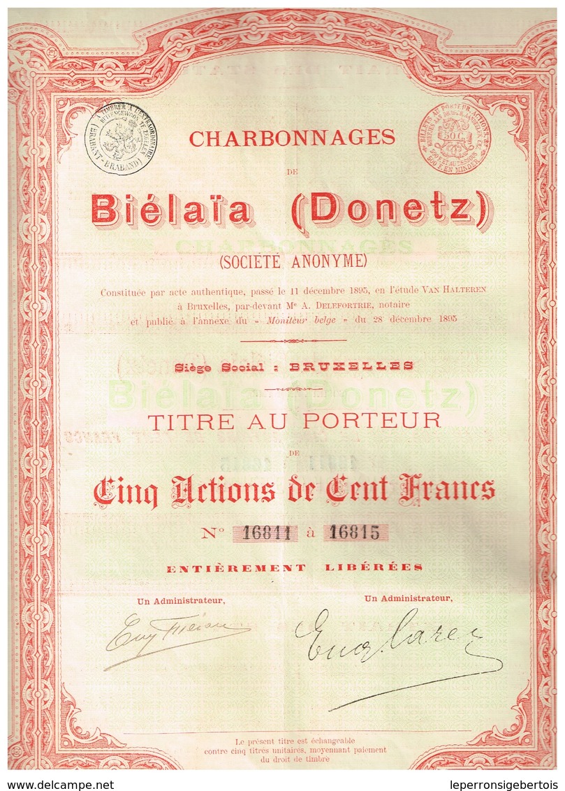 Ancienne Action - Charbonnages De Biélaïa (Donetz) - Titre De 1895 - Actions N°s 16811 à 16815 - Russie