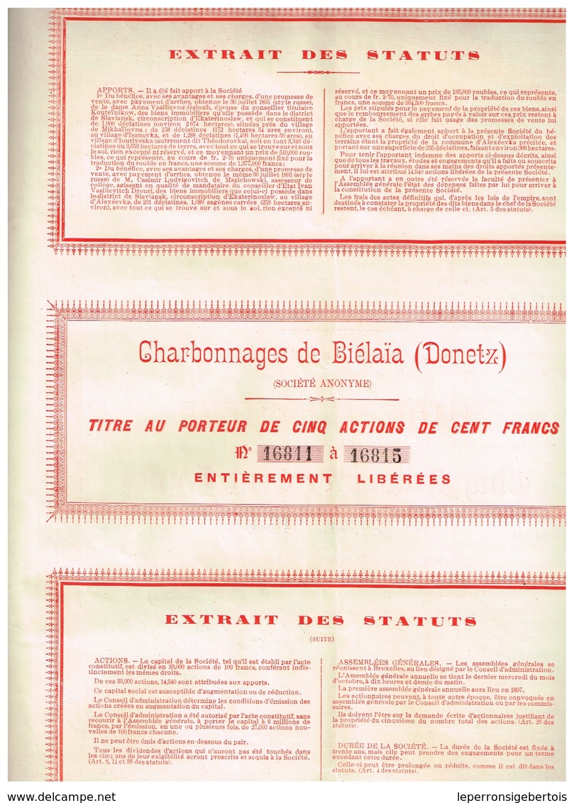 Ancienne Action - Charbonnages De Biélaïa (Donetz) - Titre De 1895 - Actions N°s 16811 à 16815 - Russie