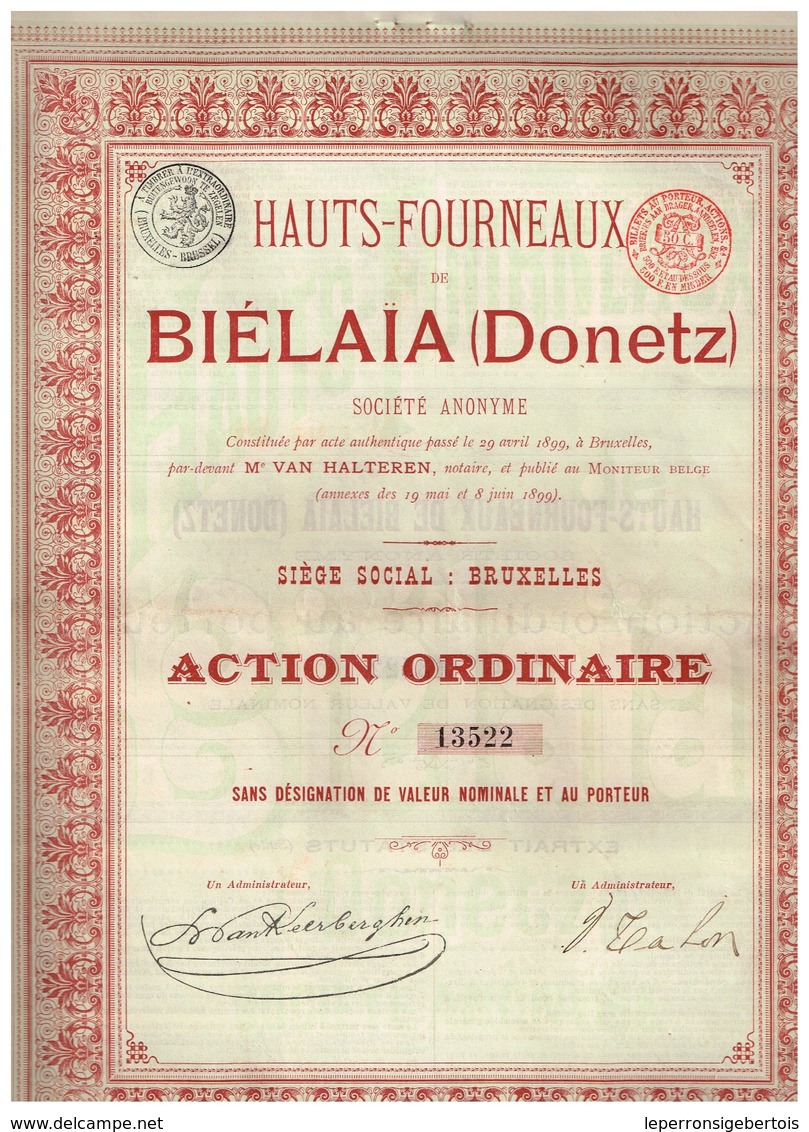 Ancienne Action - Hauts-Fourneaux De Biélaïa (Donetz) - Titre De 1899 - Titre N° 13522 - Rusia