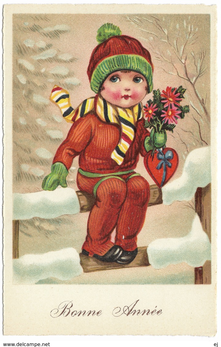 Bonne Année - Small Girl In Red & Green, Flowers, Heart - Unused - New Year