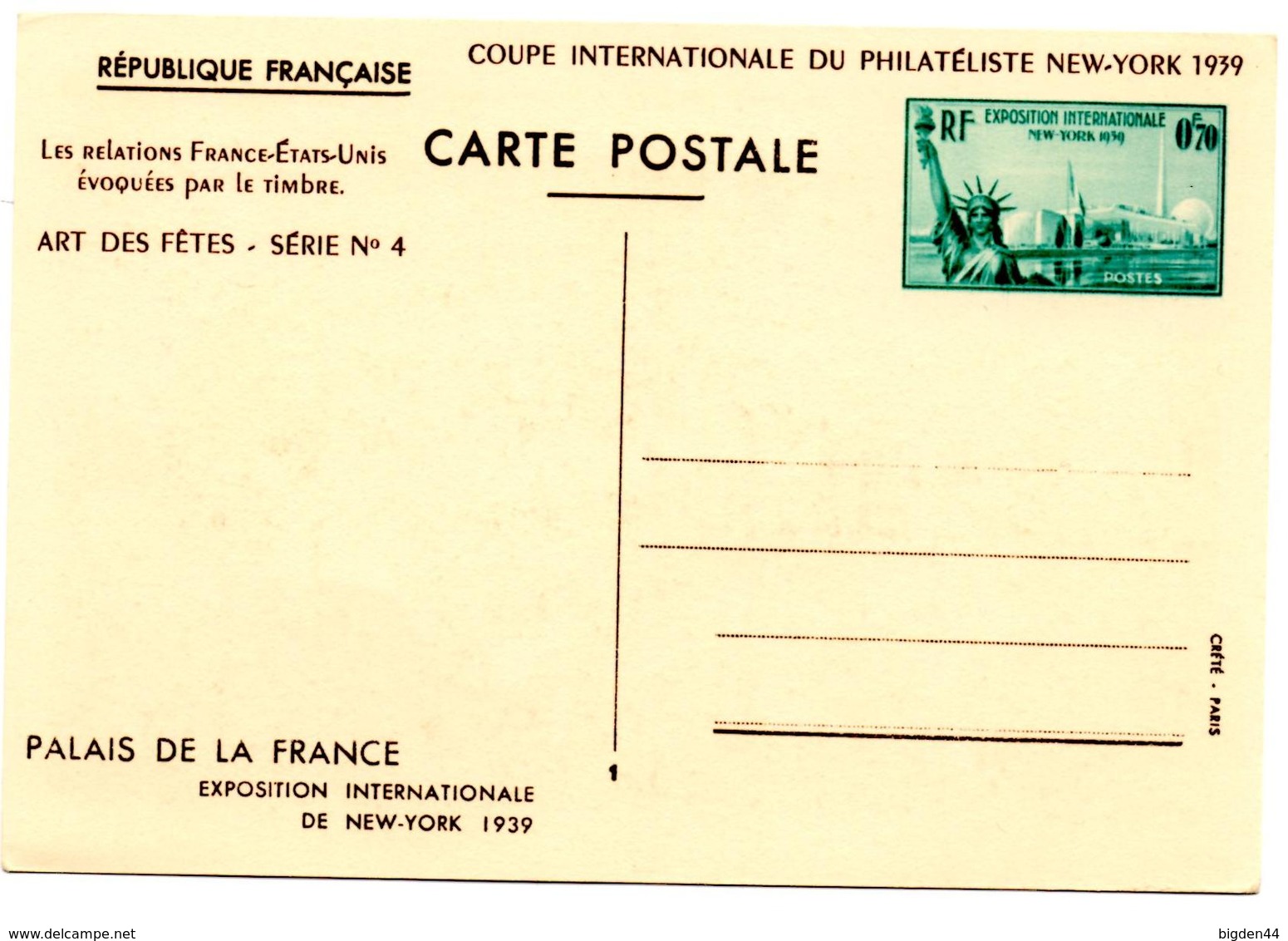 Carte Postale 0,70 F _1939  New York  Vert Repiquage Coupe Internationale - Cartes Postales Repiquages (avant 1995)