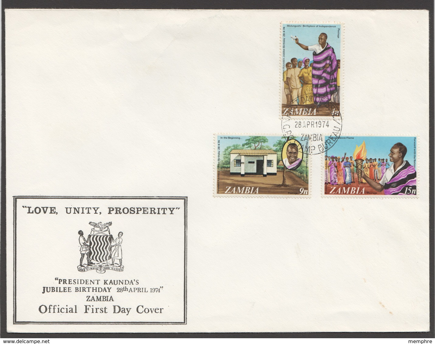 1974  Pres Kaunda's 60th Ann.   Unaddressed FDC - Zambie (1965-...)