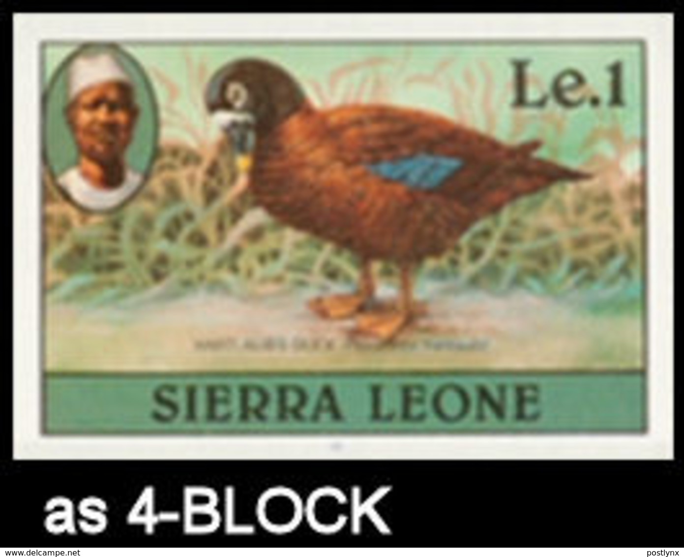 SIERRA LEONE 1980 Birds Hartlaub's Duck Le1 Imp.1982 Wmk CA IMPERF.4-BLOCK - Sierra Leone (1961-...)