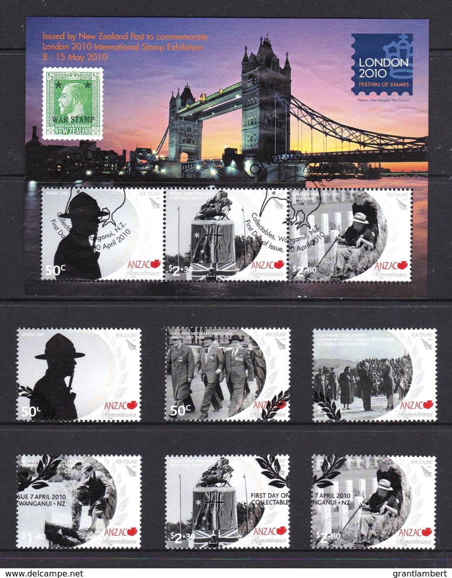 New Zealand 2010 ANZAC - Remembrance Set Of 6 + London Exhibition Minisheet Used - Used Stamps